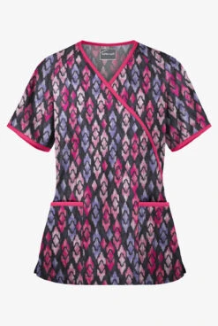 Butter-Soft Royal Ikat Women's 2-Pocket Mock Wrap Printed Scrub Top