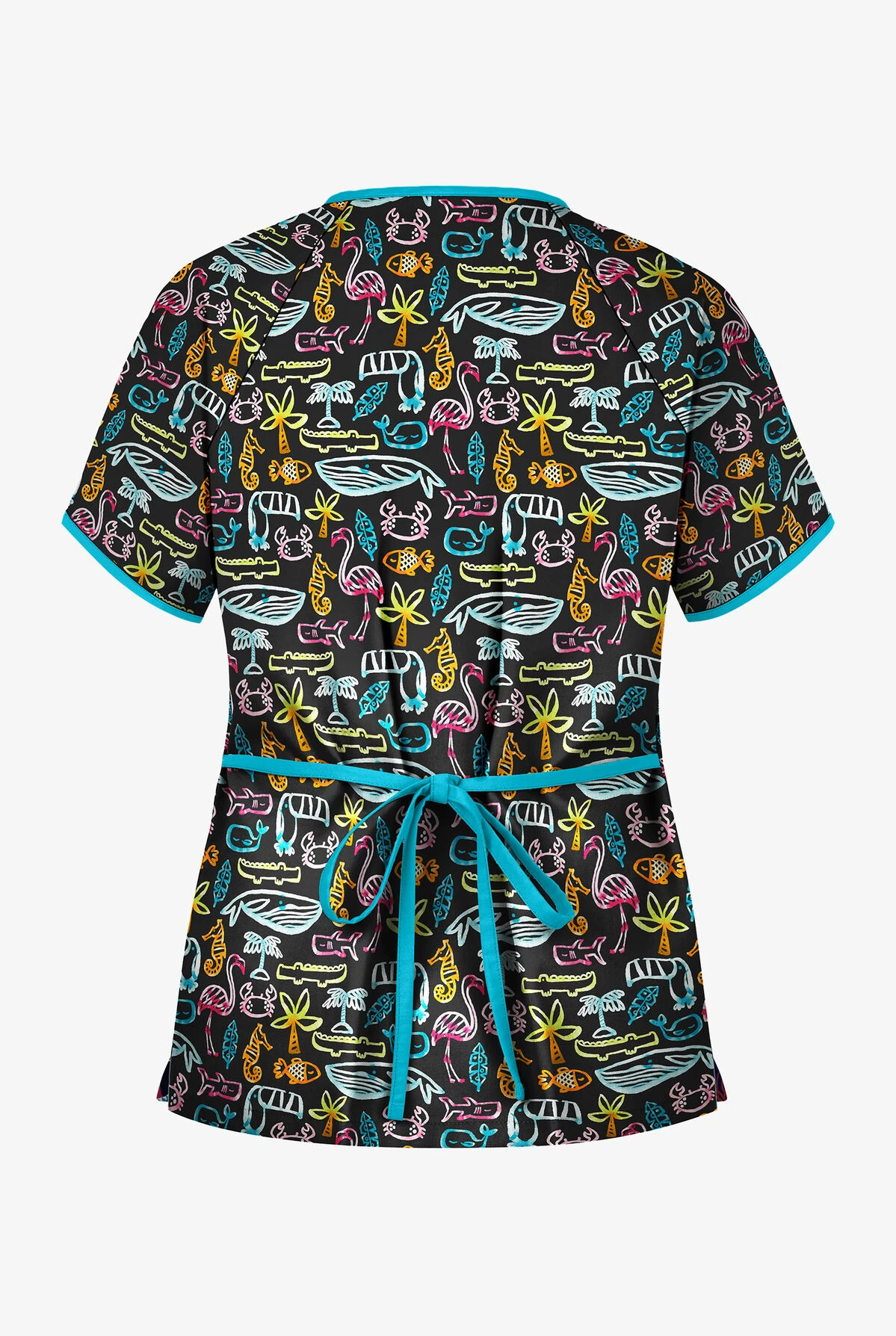 UA Best Buy Scrubs Tropical Oasis Black Print Women's 2-Pocket Mock Wrap Scrub Top 4 UA Best Buy Scrubs Tropical Oasis Black Print Women's 2-Pocket Mock Wrap Scrub Top - Image 2