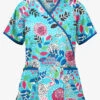 Butter-Soft Tokyo Garden Turquoise Women's 2-Pocket Mock Wrap Printed Scrub Top
