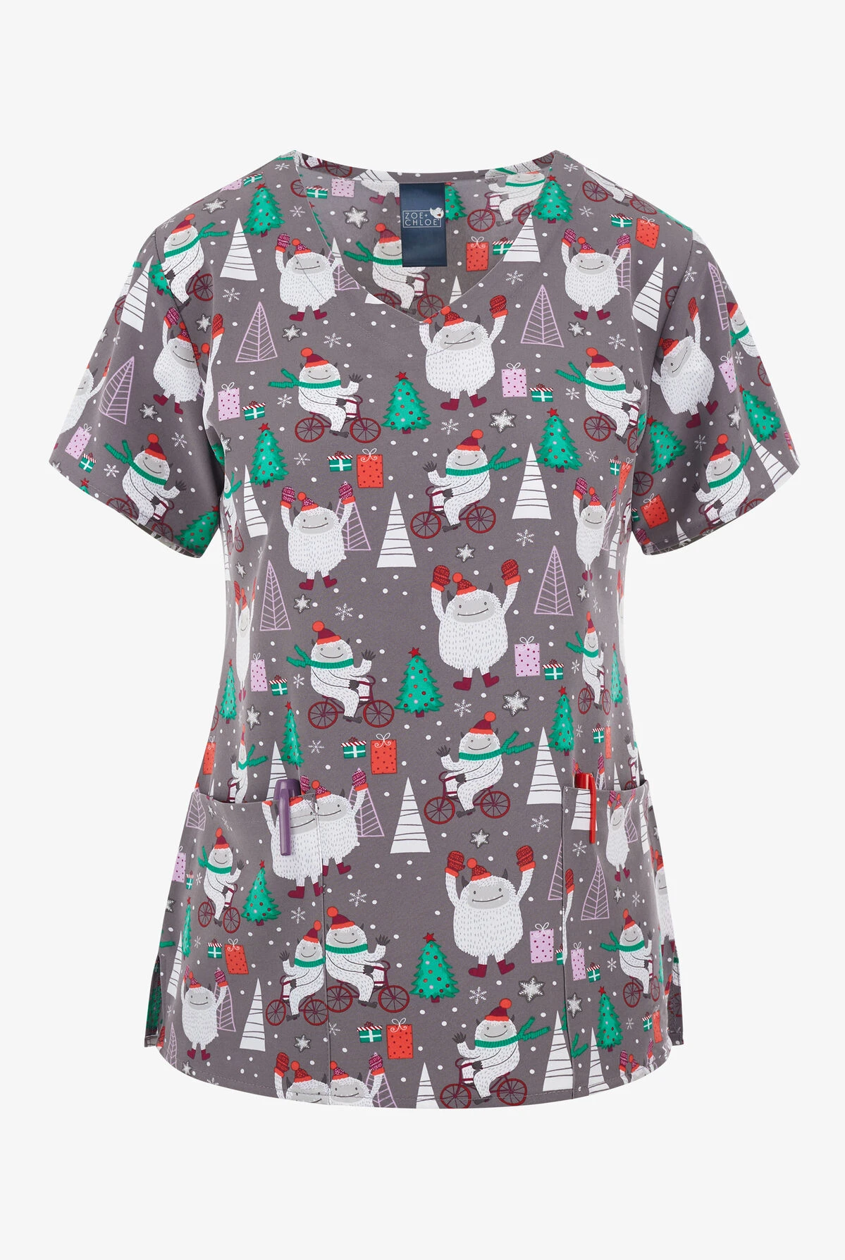 Zoe & Chloe Yeti, Set, Go Women's 2-Pocket STRETCH V-Neck Print Scrub Top 3 Zoe & Chloe Yeti, Set, Go Women's 2-Pocket STRETCH V-Neck Print Scrub Top